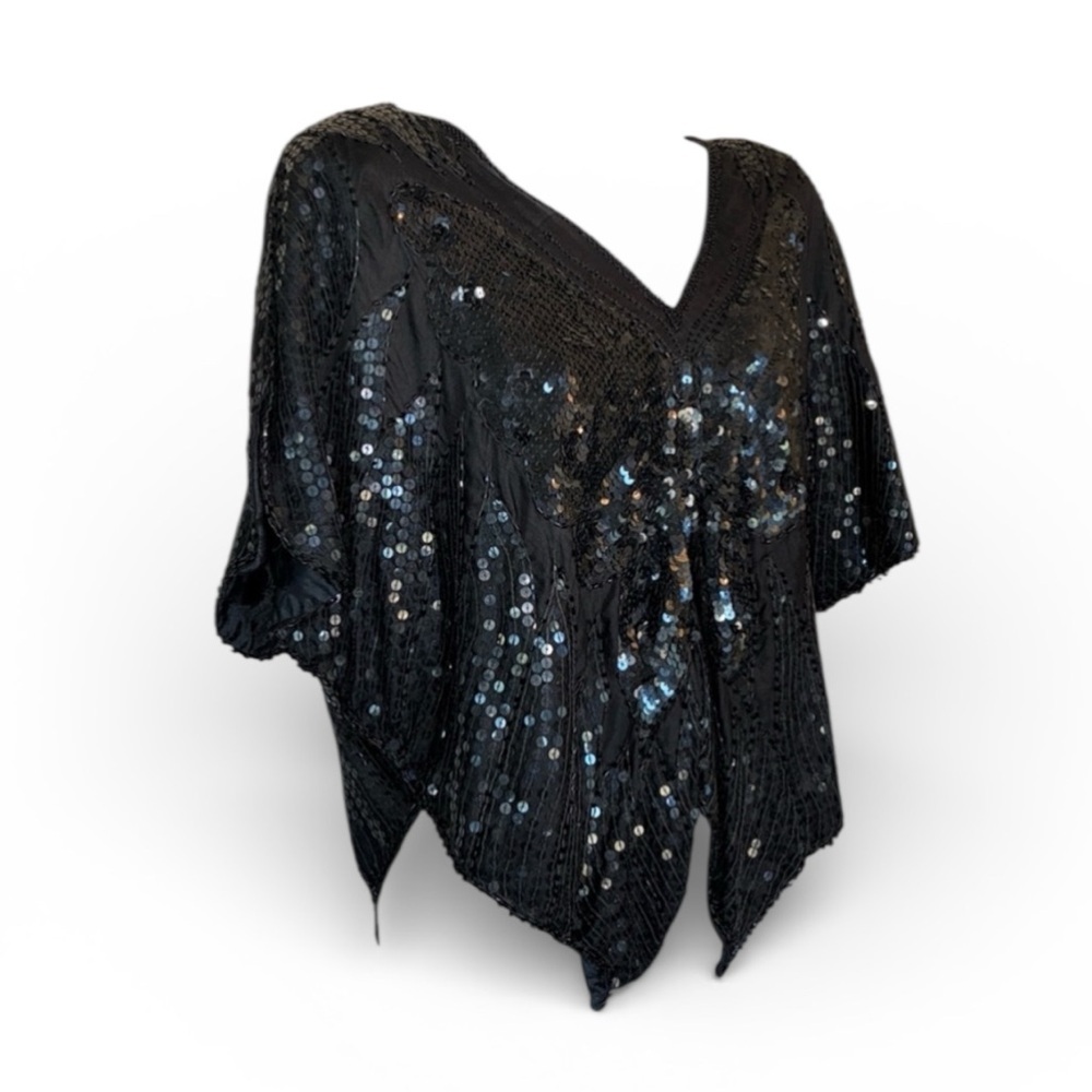 LINSIANO black butterfly wing top, sequined
beaded wings front/back. VTG XXL